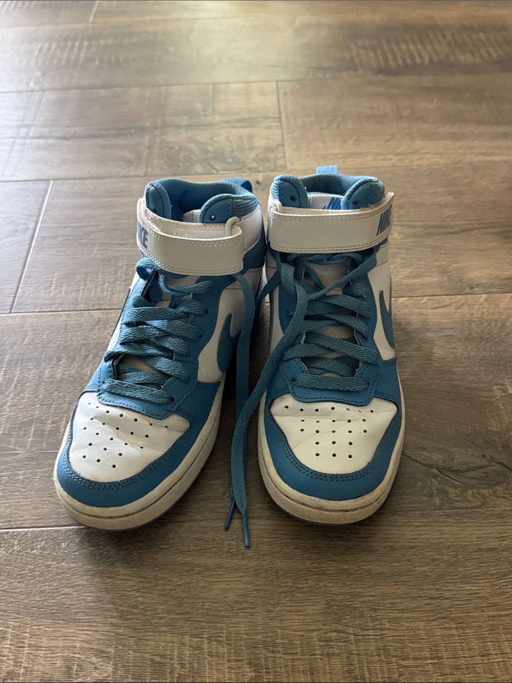 Nike White and Light Blue Court Borough Kids High-Top Sneakers